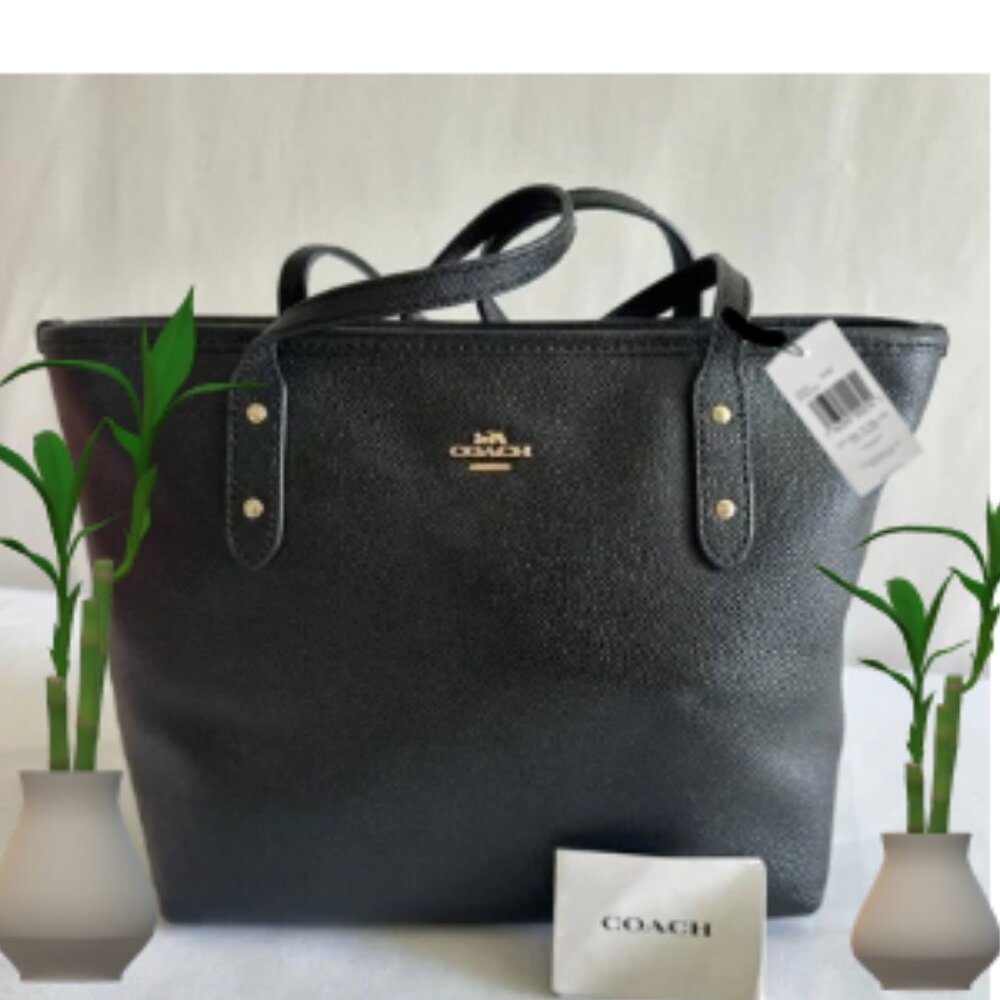 COACH Leather City Zip Tote Shoulder Bag- Black Gold  Luxury Coach 🆕🎁⌚📦🏃💨🚚